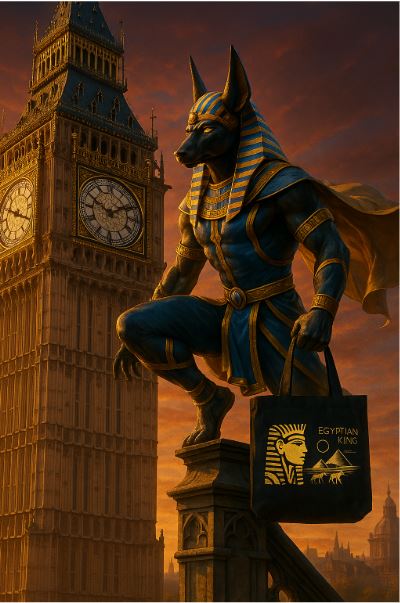 anubis in london holding pharaoh king tote bag canvas