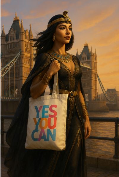 queen Cleopatra holding luxury tote bag yes you can