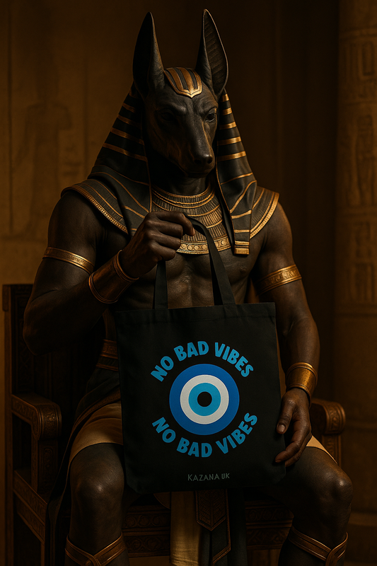 Anubis Pharaoh tote bag with no bad vibes print design

