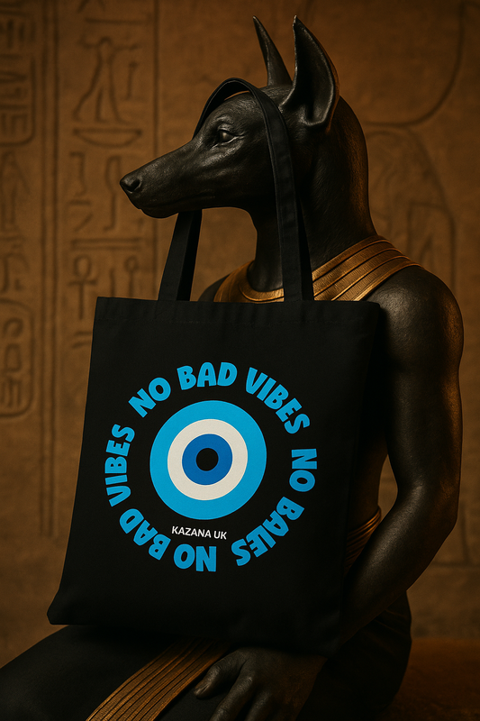 No Bad Vibes Tote Bag – Black Canvas with Evil Eye Protection